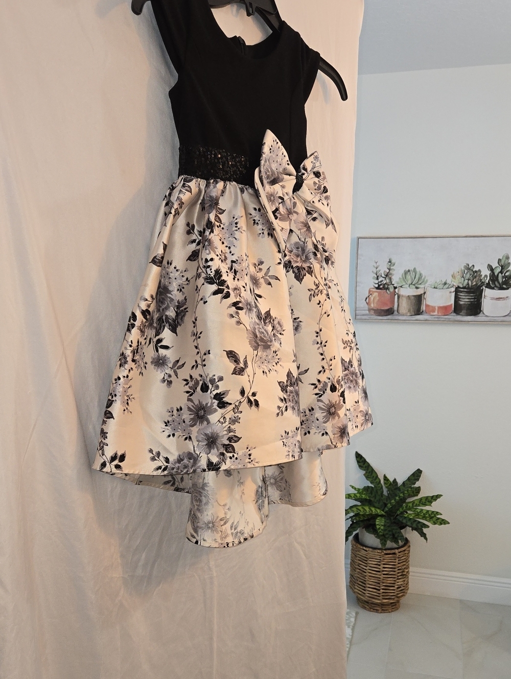 Bonnie Jean Black Silver Floral High-Low Dress with Side Bow